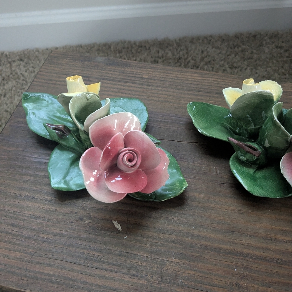 Vintage Nuova Capodimonte Ceramic Candlesticks Rose Whimsy Floral